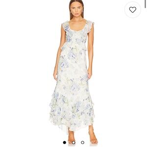 Revolve Yumi Kim - Floral Ruffle Maxi Spring Dress - Ivory Blue and Green